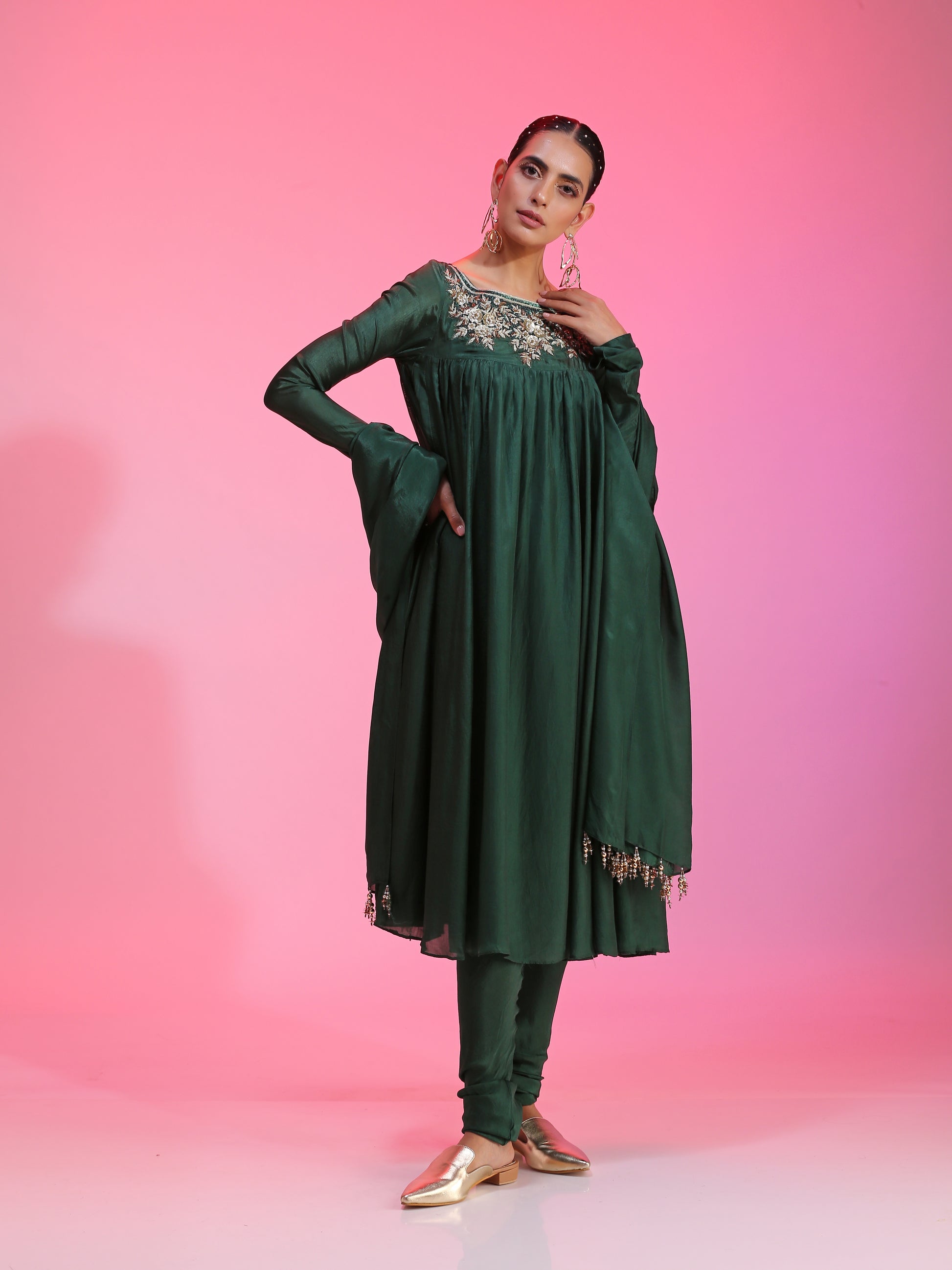Green Sequin Dabka Zardozi Floral Kalidar Kurta Churidar Dupatta