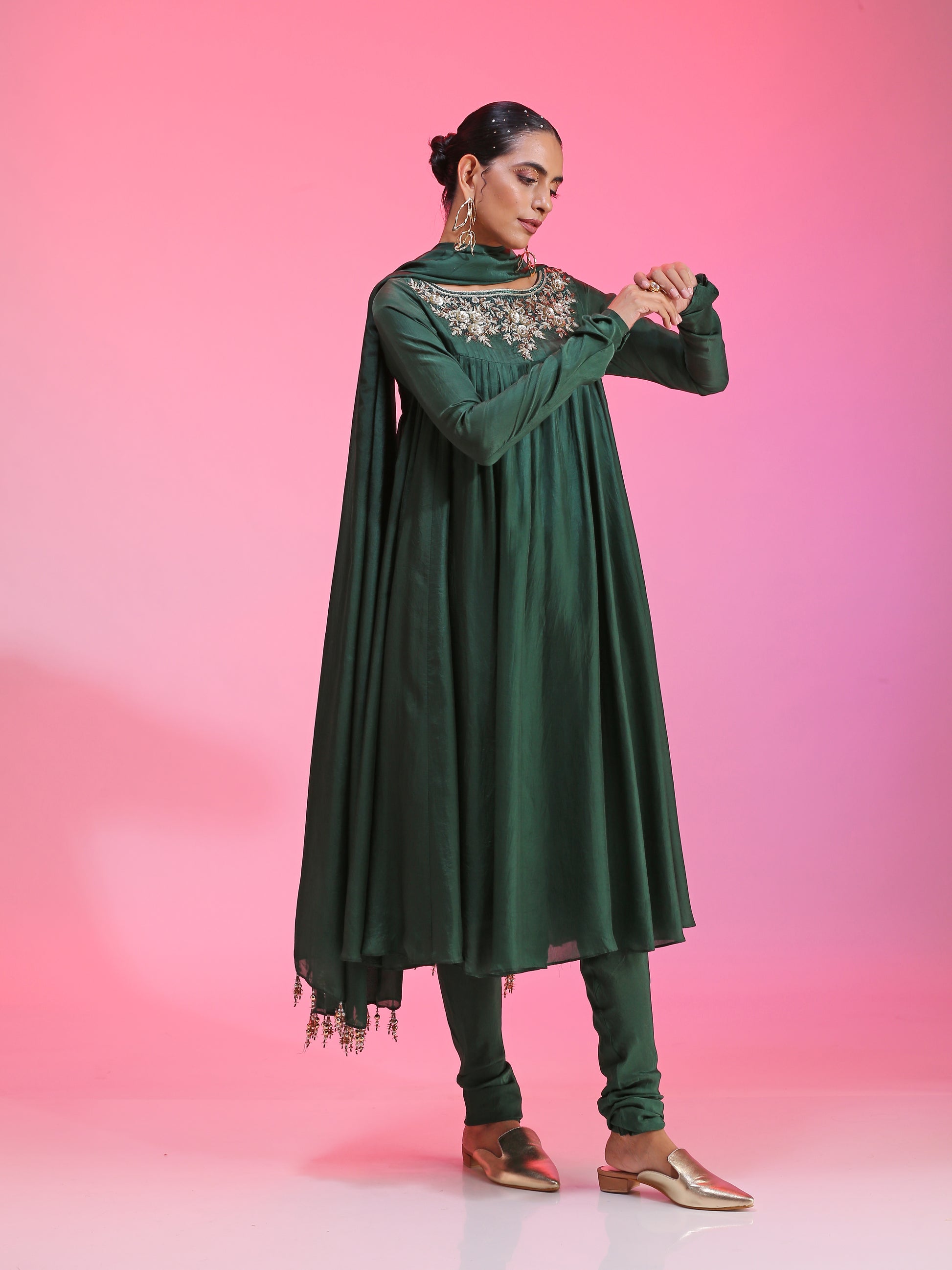 Green Sequin Dabka Zardozi Floral Kalidar Kurta Churidar Dupatta