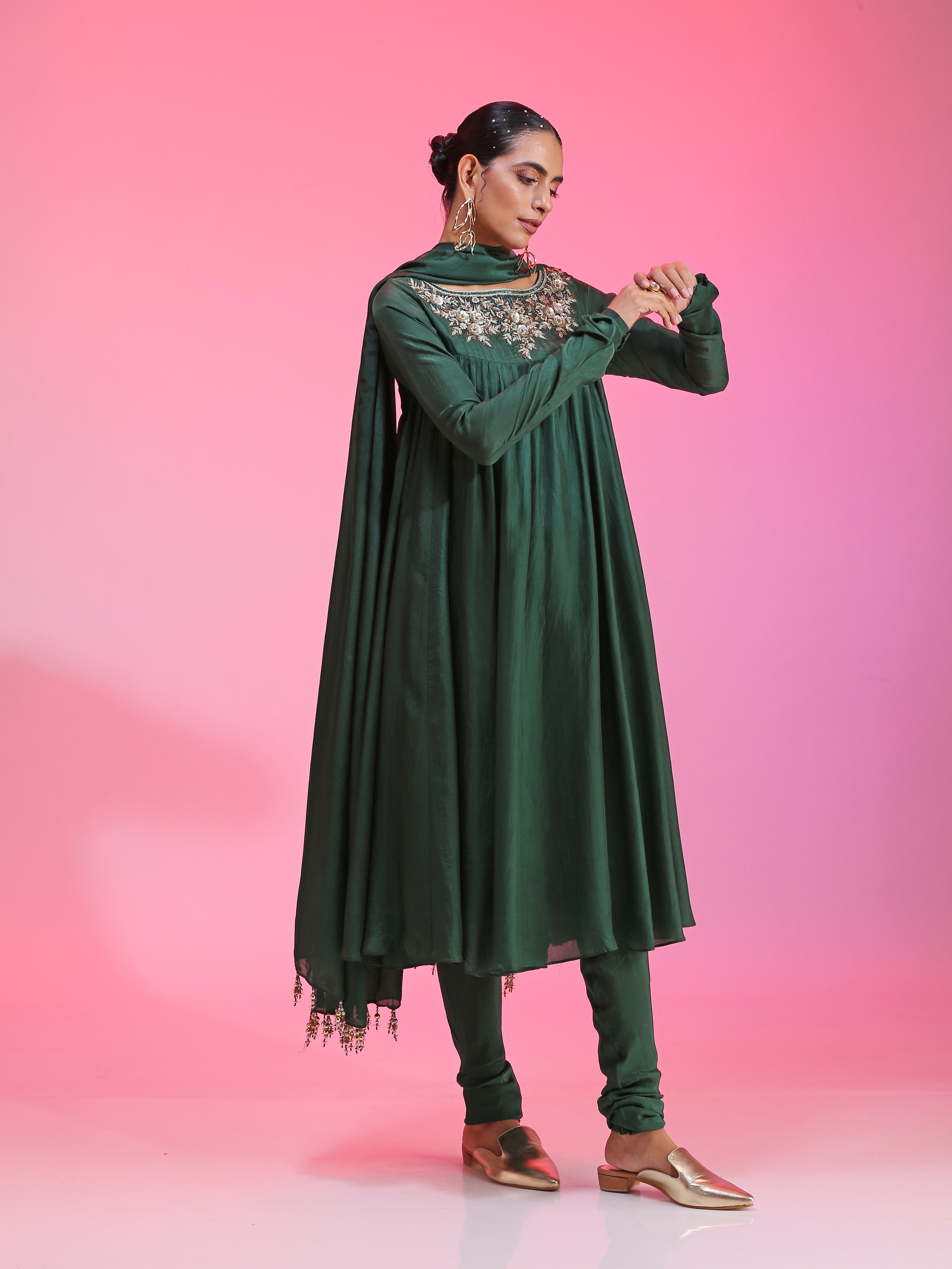Green Sequin Dabka Zardozi Floral Kalidar Kurta Churidar Dupatta
