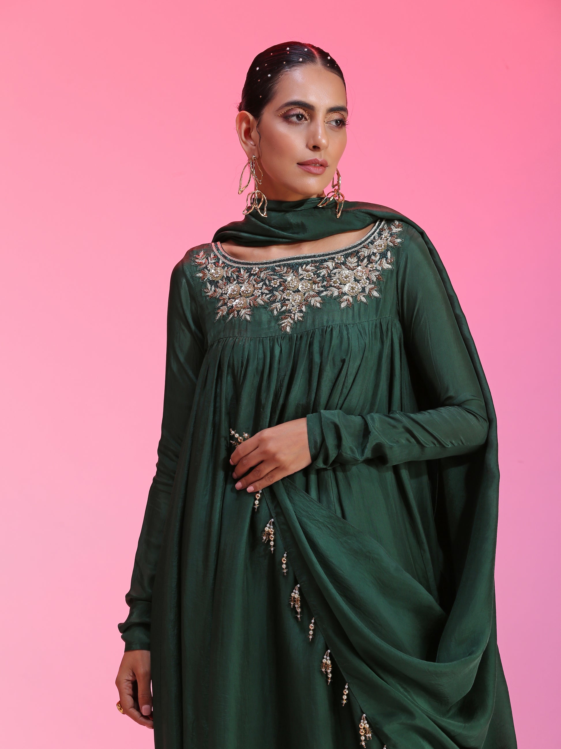 Green Sequin Dabka Zardozi Floral Kalidar Kurta Churidar Dupatta