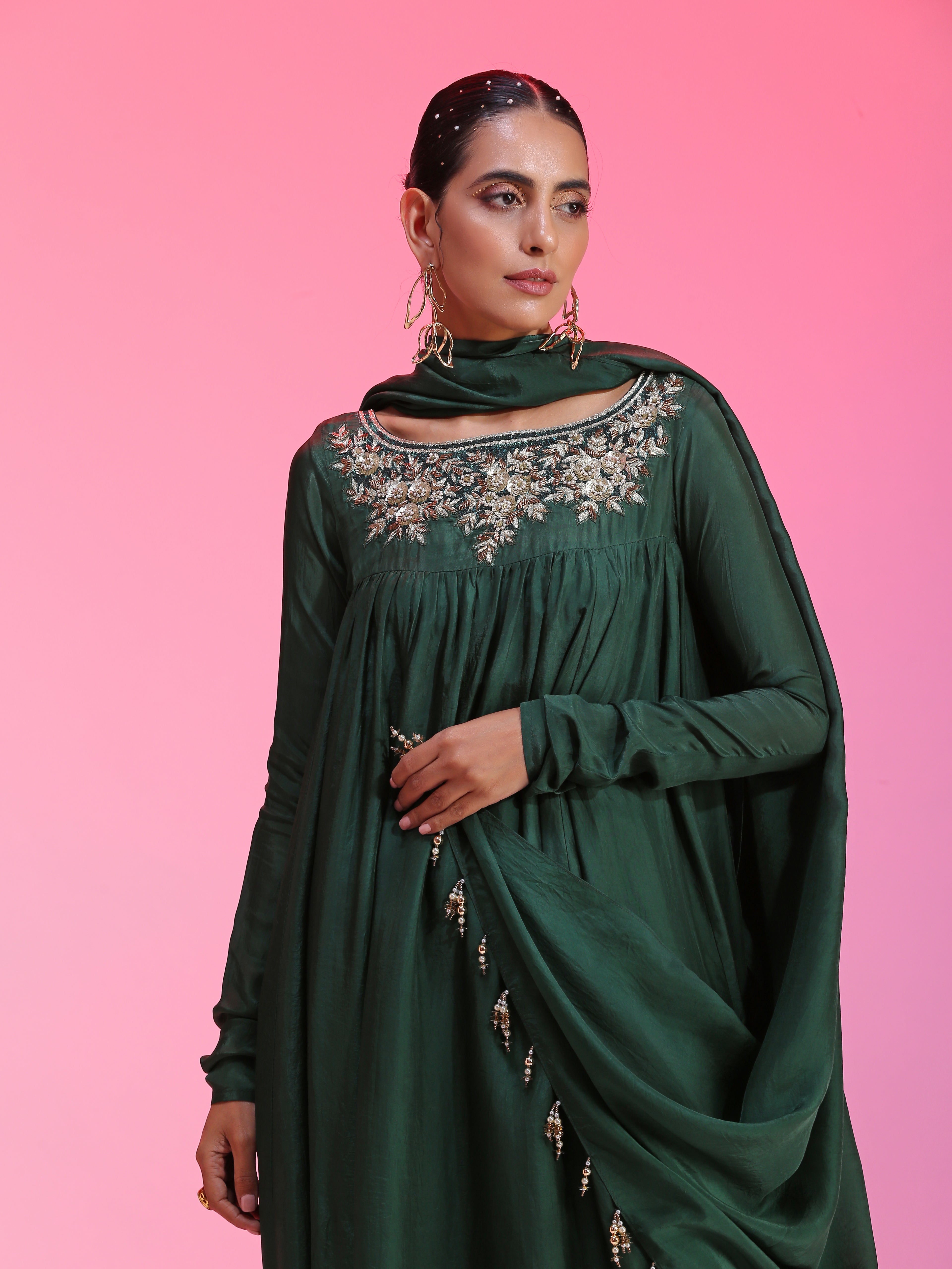 Green Sequin Dabka Zardozi Floral Kalidar Kurta Churidar Dupatta
