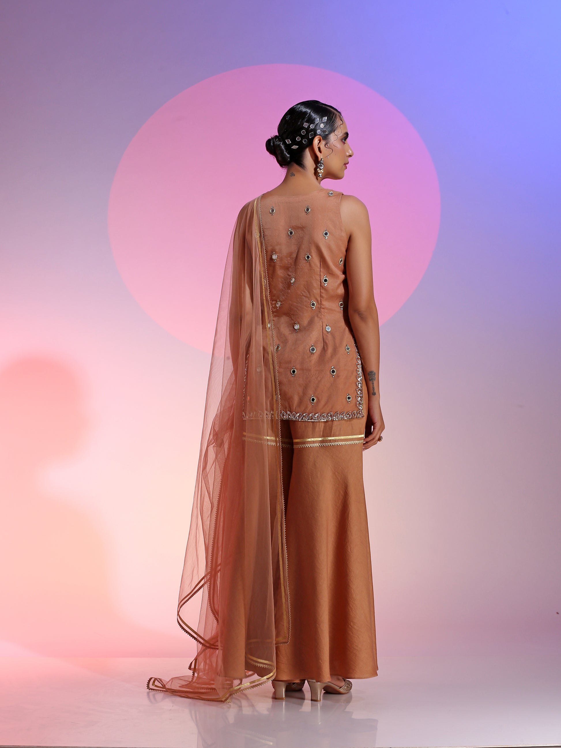 Brown Organza Mirrorwork Kurta Flared Pants Net Dupatta Set