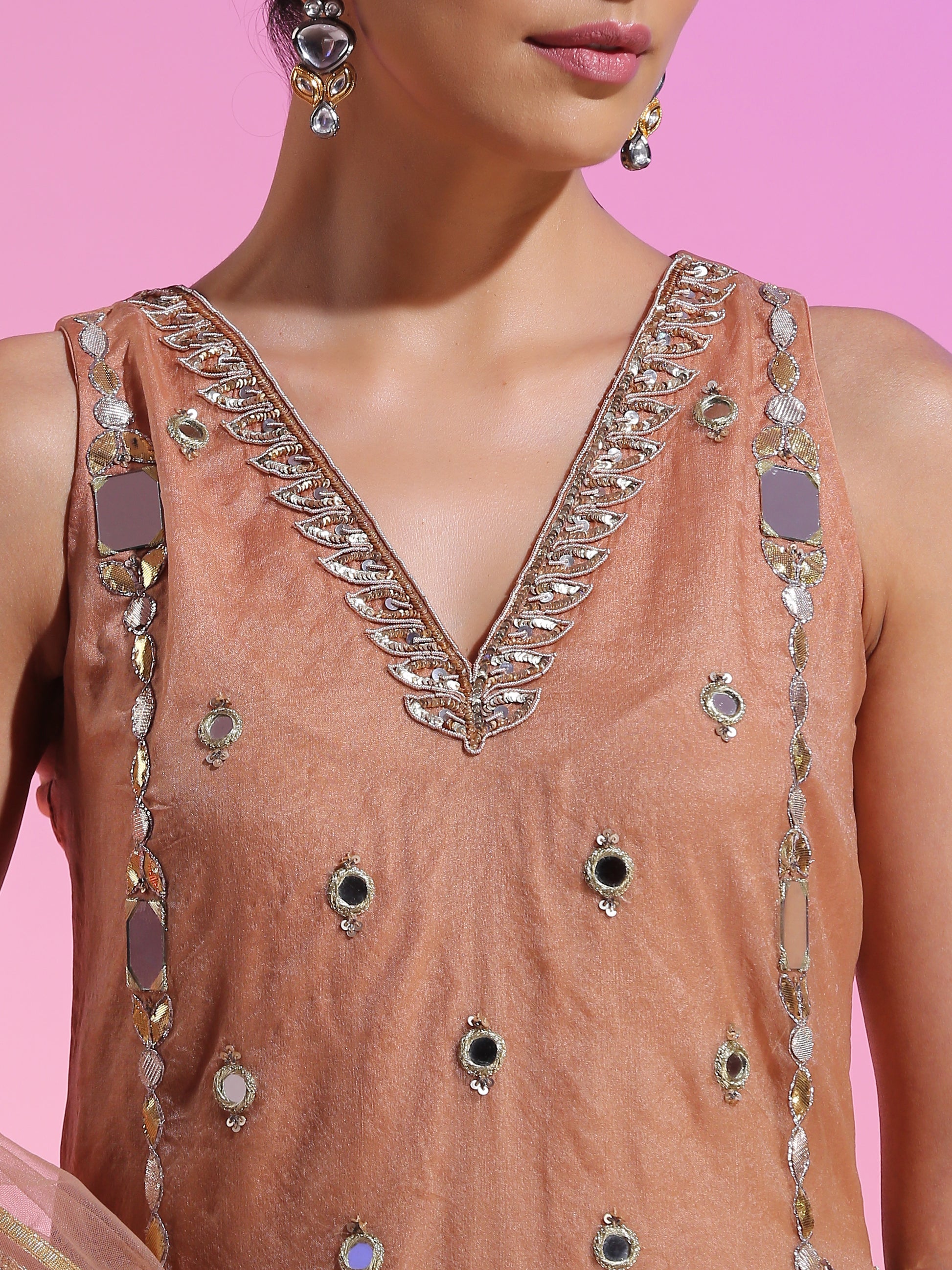 Brown Organza Mirrorwork Kurta Flared Pants Net Dupatta Set