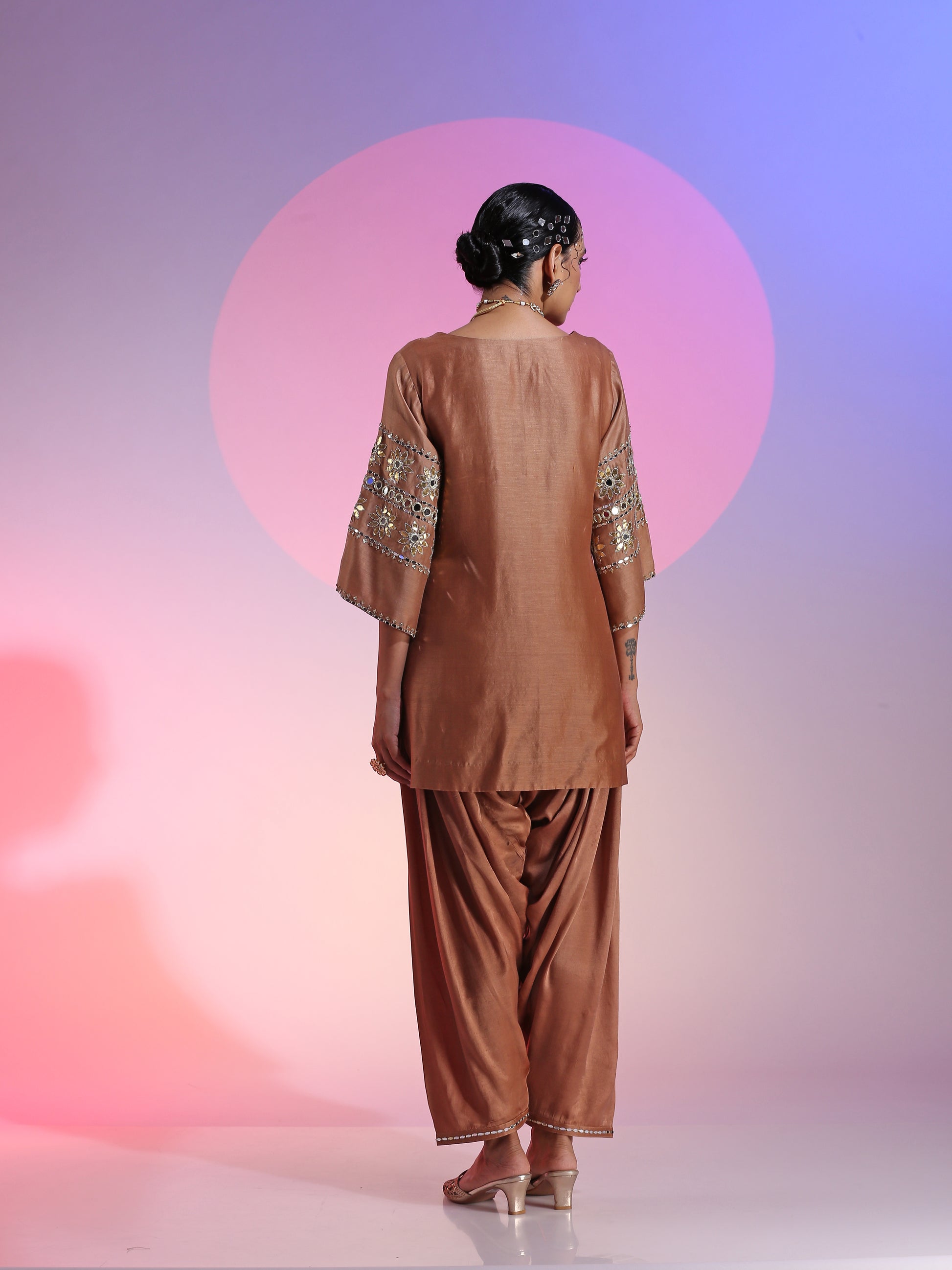 Brown Chanderi Mirror Sequin Gotta Salwar Kurta Dupatta Set