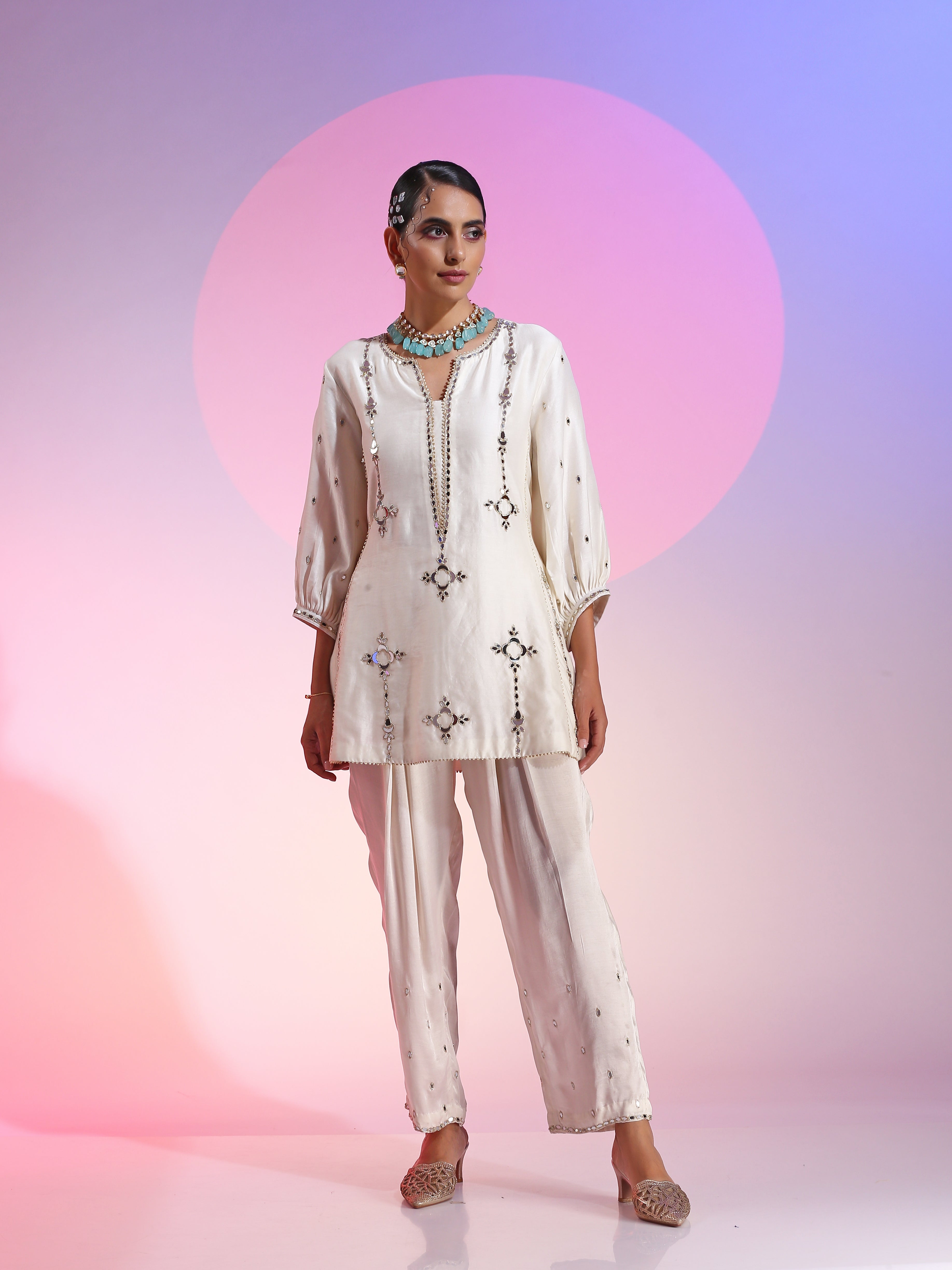 Ivory Cotton Silk Mirrorwork Kurta Salwar Gotta Dupatta Set