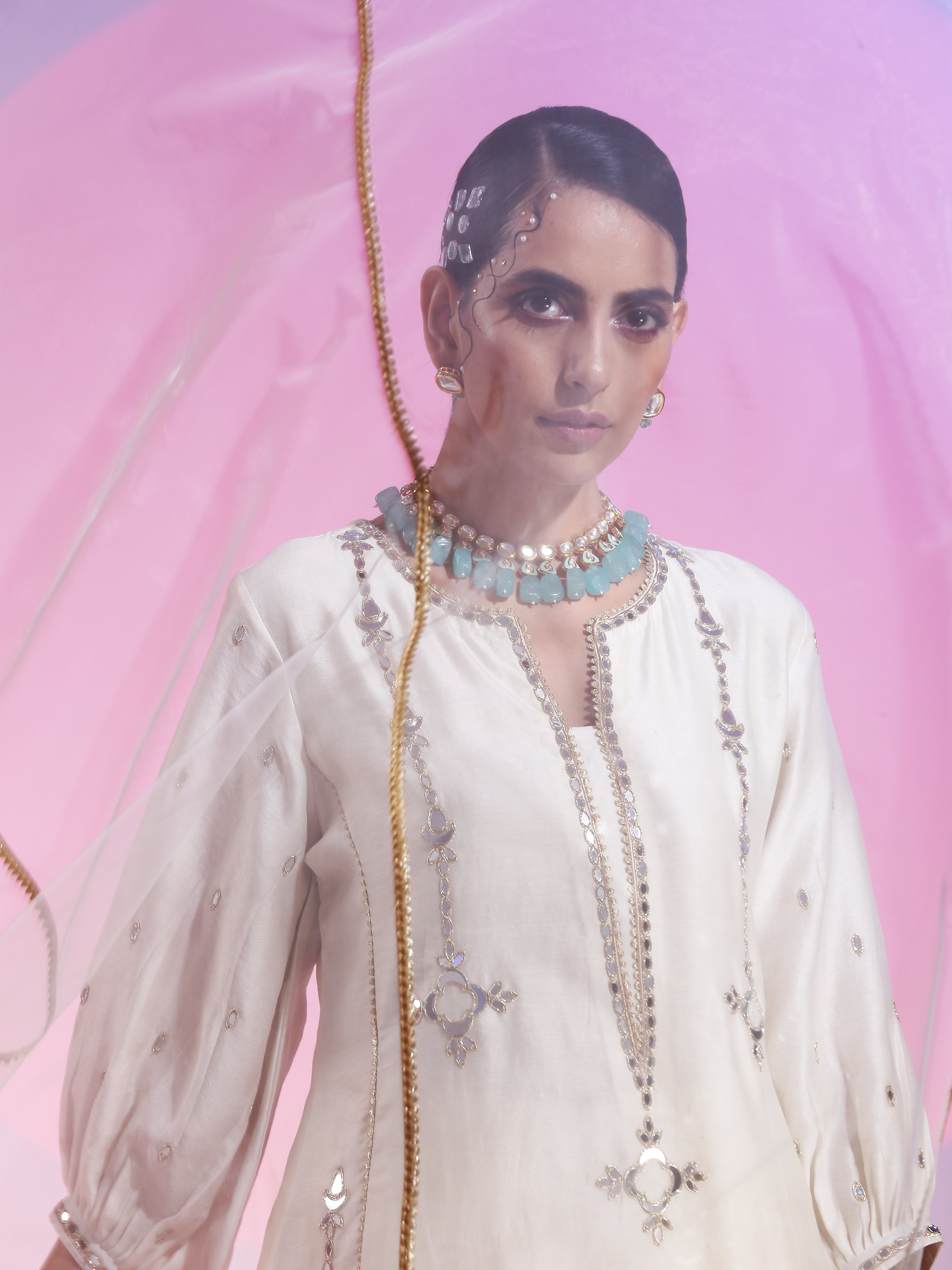 Ivory Cotton Silk Mirrorwork Kurta Salwar Gotta Dupatta Set