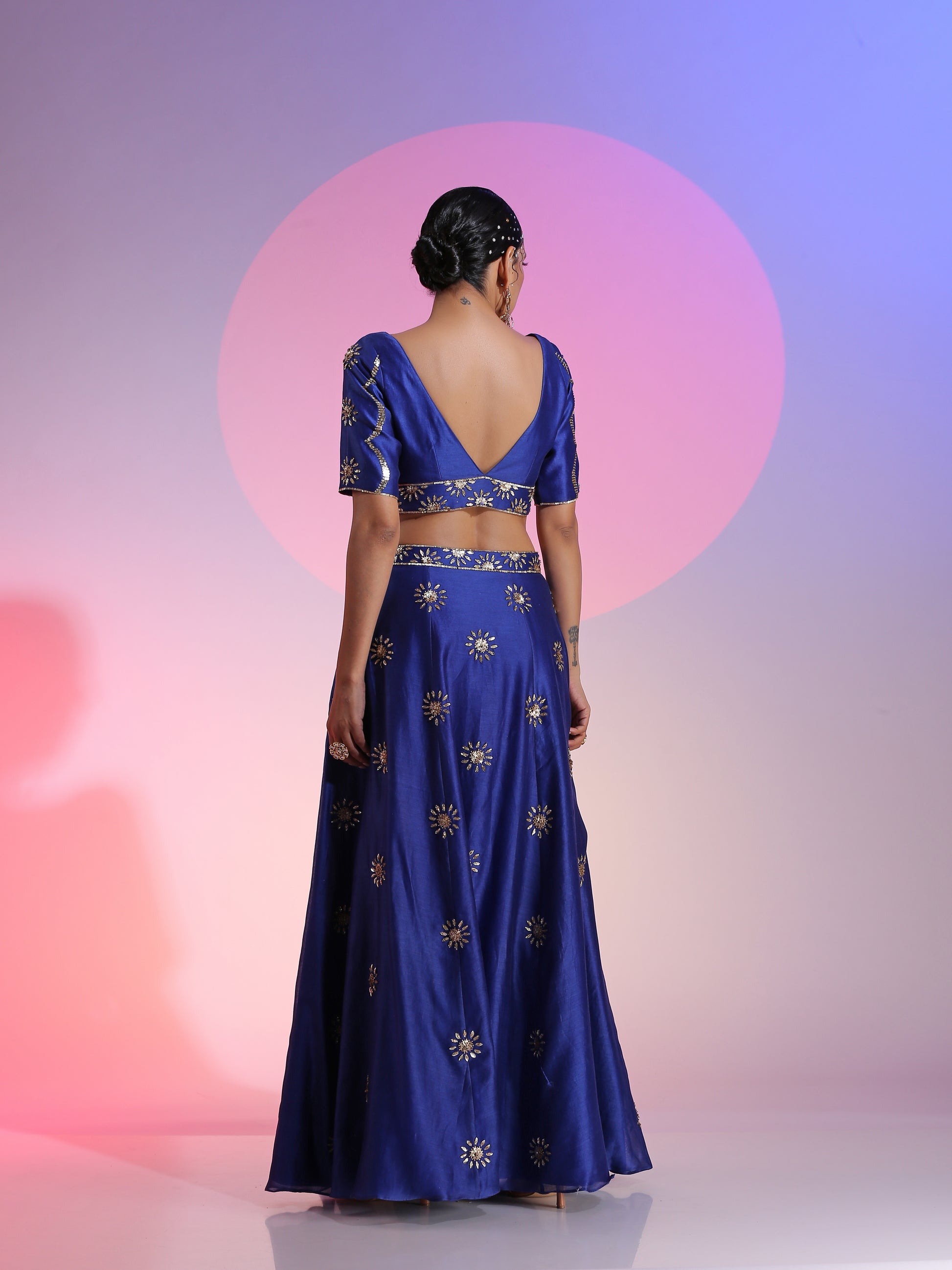Blue Cotton Silk Net Floral Sequin Lehenga Cutwork Dupatta