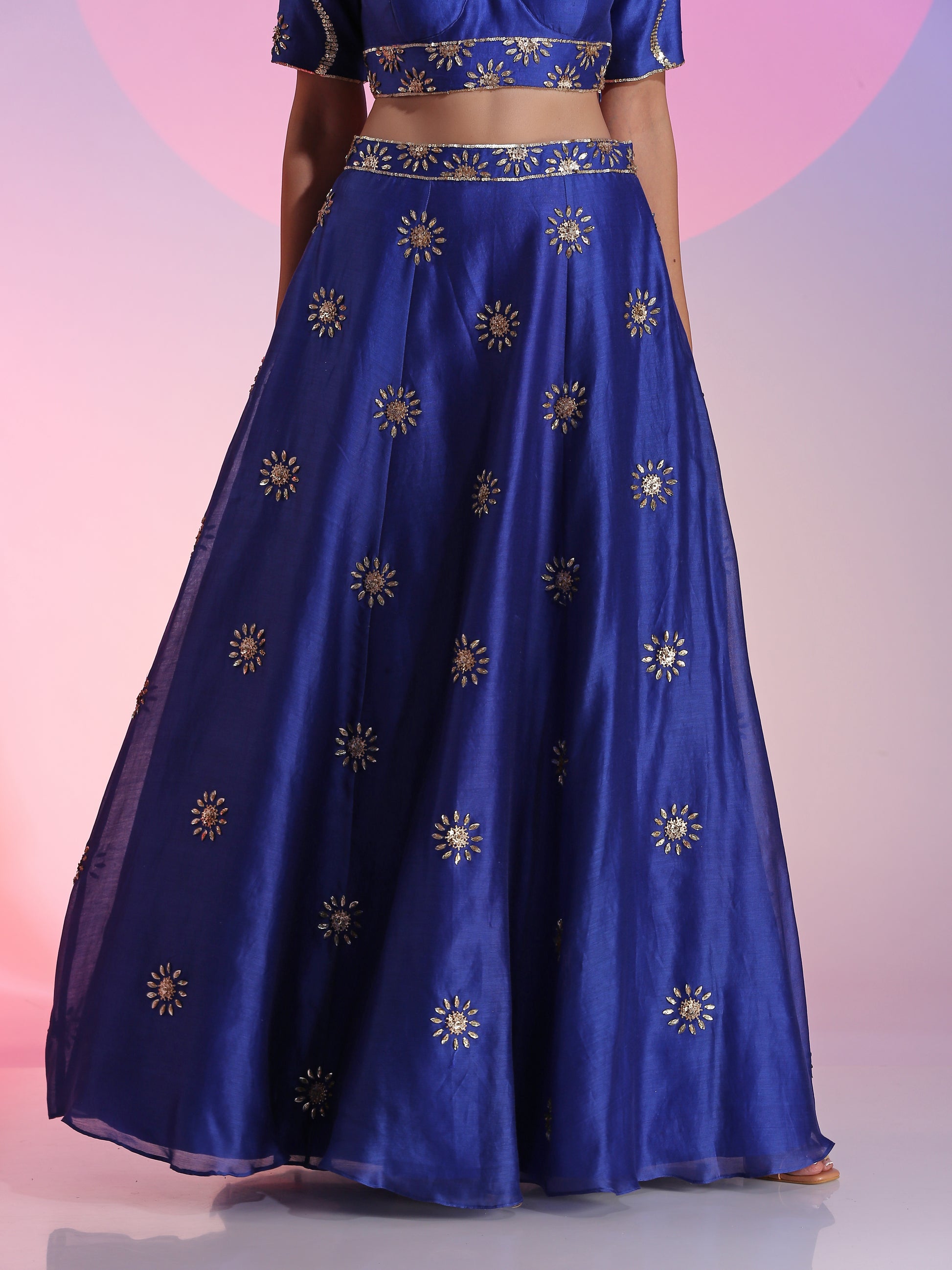 Blue Cotton Silk Net Floral Sequin Lehenga Cutwork Dupatta