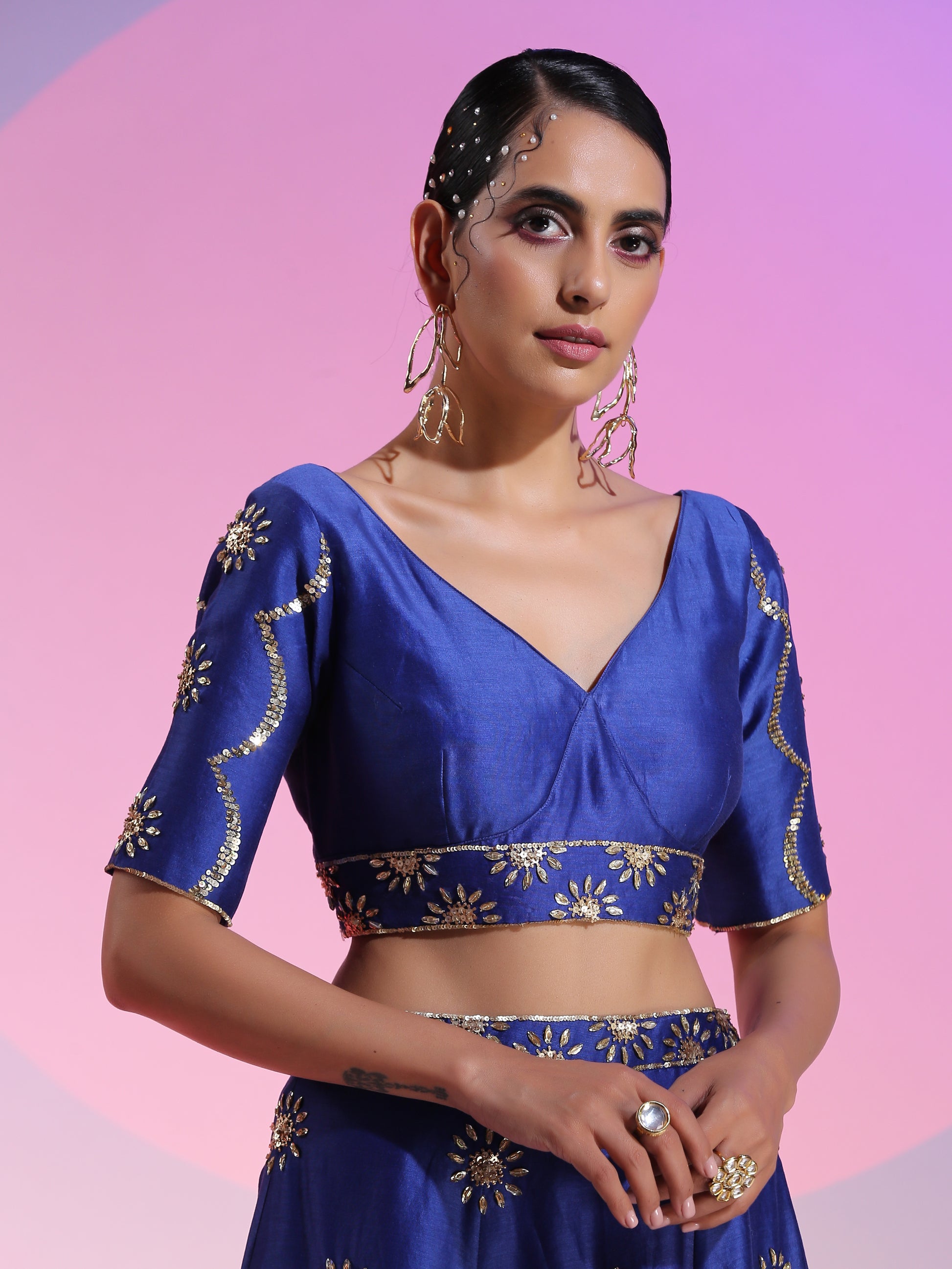 Blue Cotton Silk Net Floral Sequin Lehenga Cutwork Dupatta