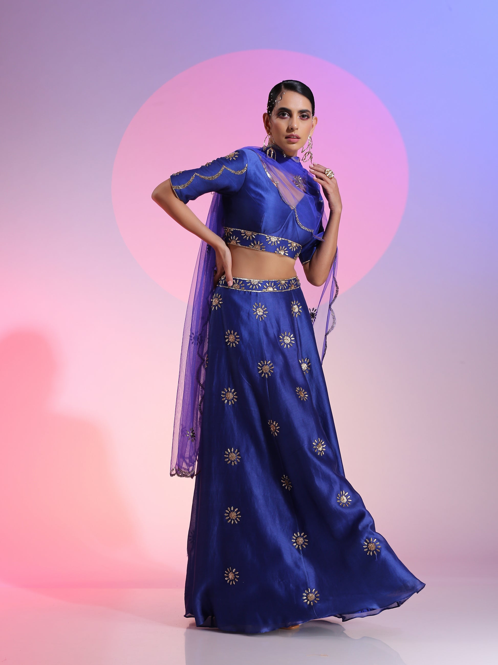 Blue Cotton Silk Net Floral Sequin Lehenga Cutwork Dupatta