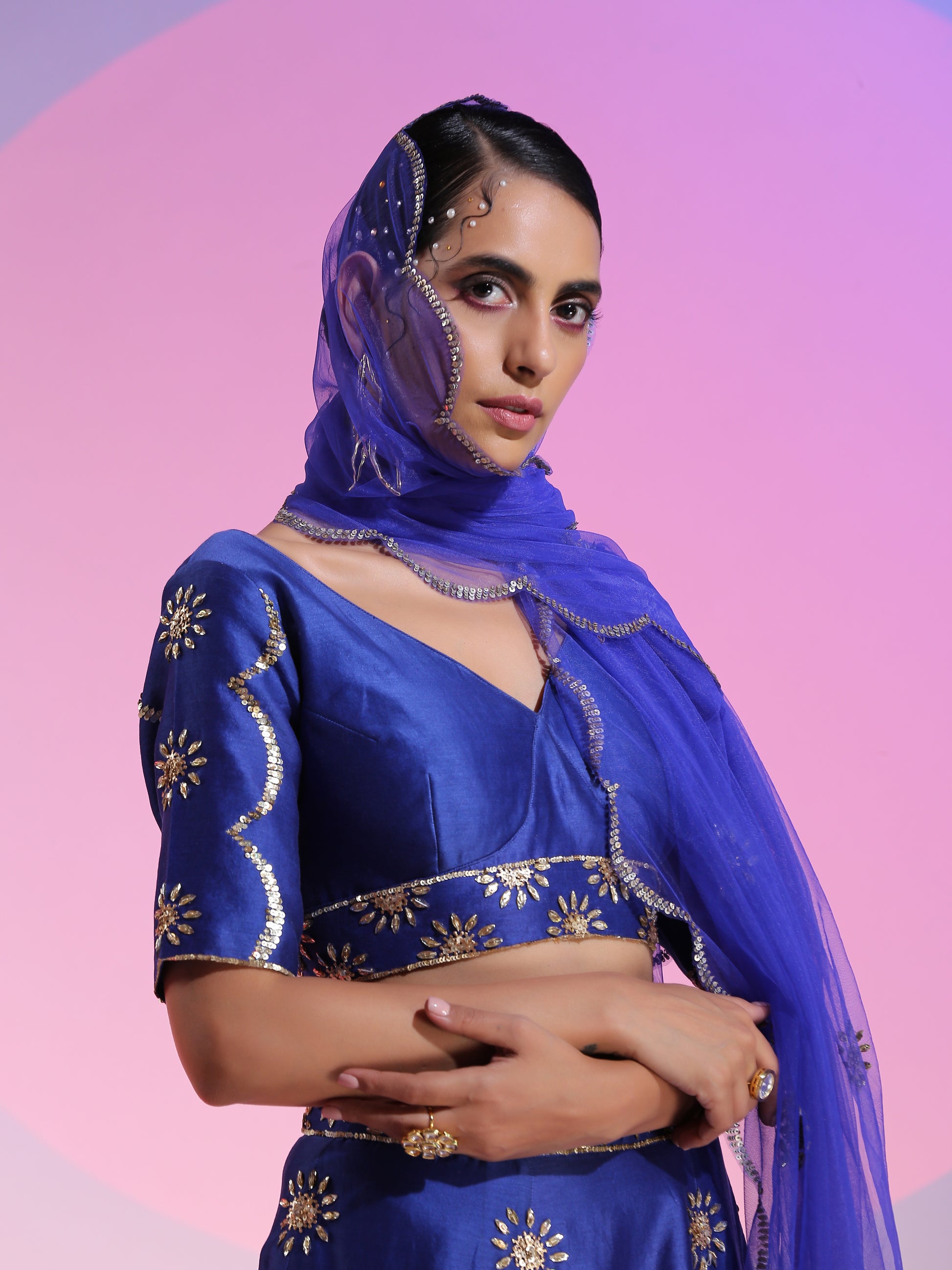 Blue Cotton Silk Net Floral Sequin Lehenga Cutwork Dupatta
