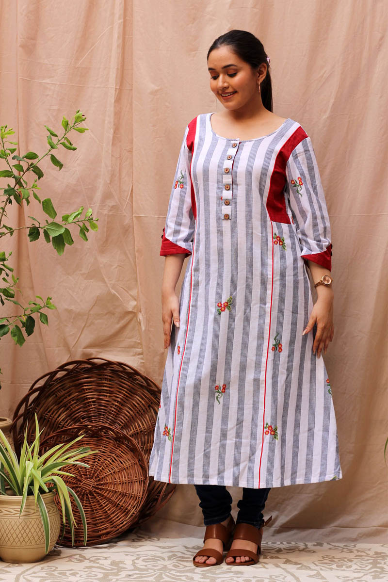 Classic White Black Red Cotton Striped Embroidered A-Line Kurta