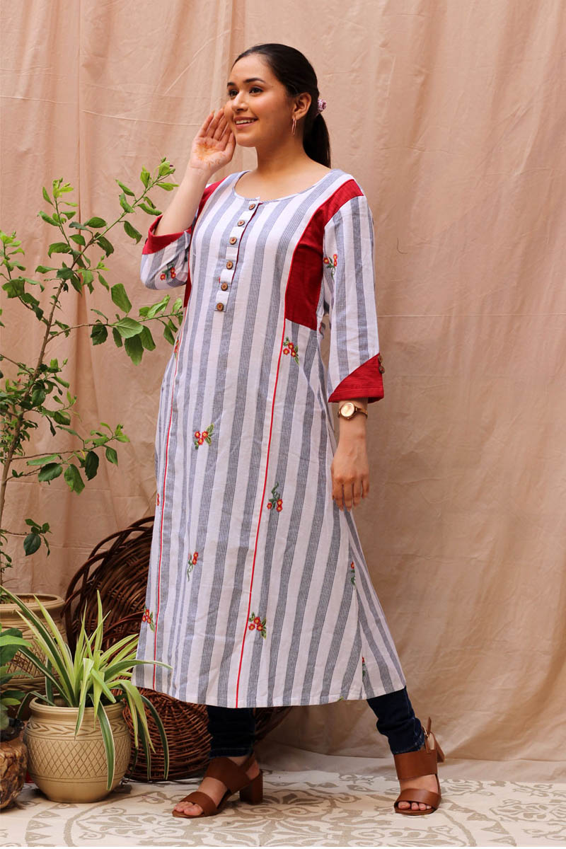 Classic White Black Red Cotton Striped Embroidered A-Line Kurta