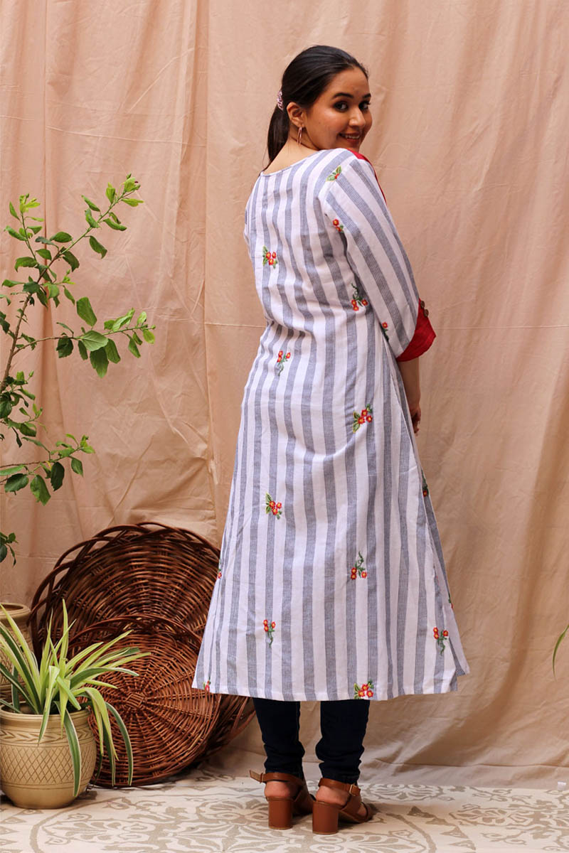 Classic White Black Red Cotton Striped Embroidered A-Line Kurta