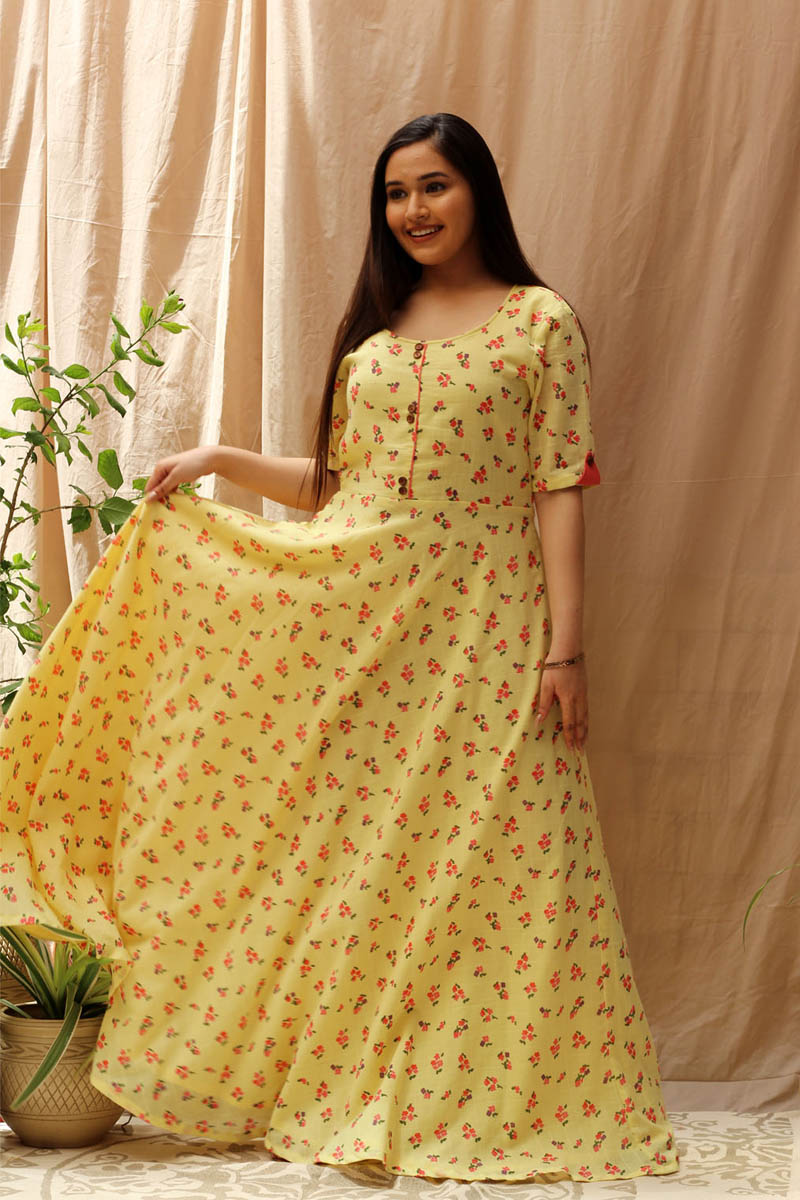 Everyday Pastel Yellow Cotton Coral Floral Print Long Dress - Canary