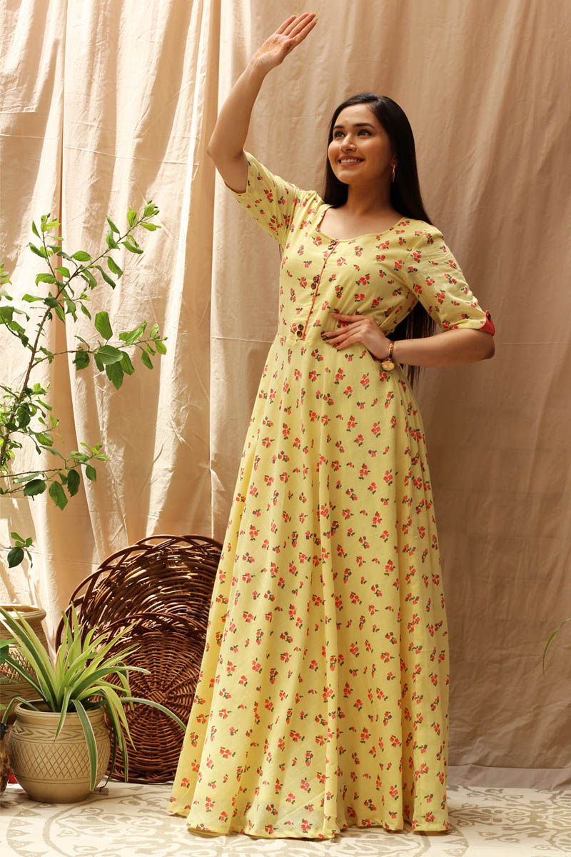 Everyday Pastel Yellow Cotton Coral Floral Print Long Dress - Canary