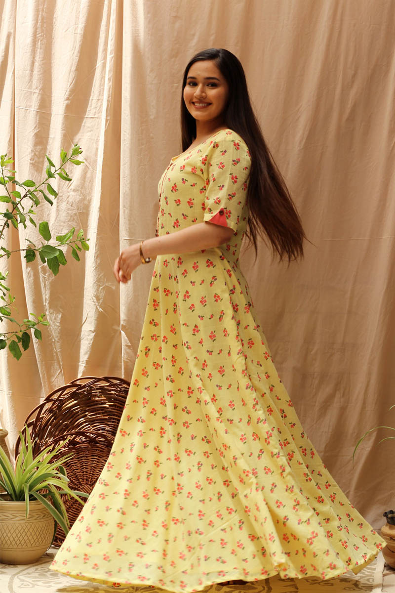 Everyday Pastel Yellow Cotton Coral Floral Print Long Dress - Canary