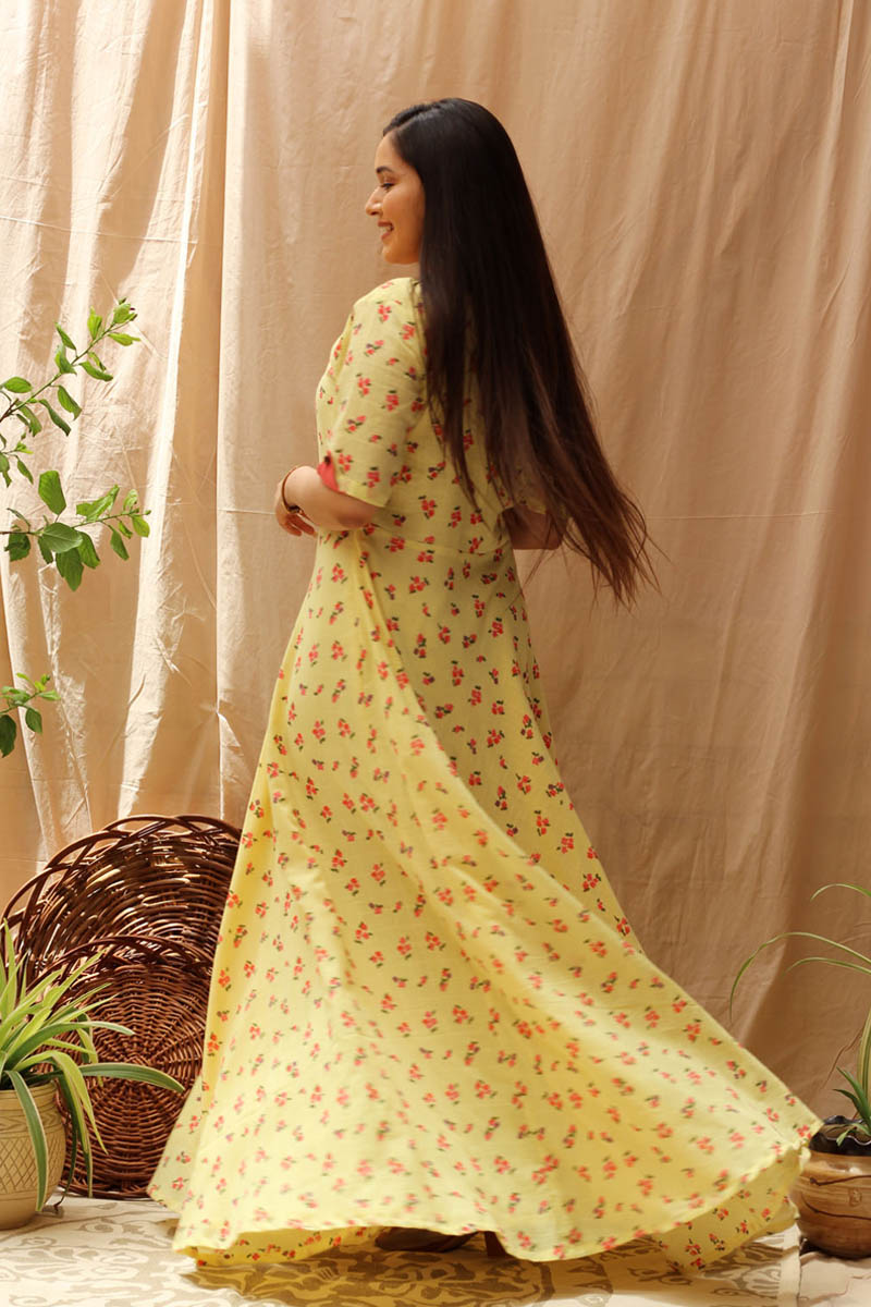 Everyday Pastel Yellow Cotton Coral Floral Print Long Dress - Canary