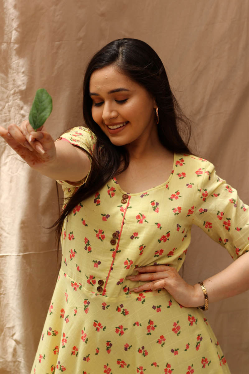 Everyday Pastel Yellow Cotton Coral Floral Print Long Dress - Canary